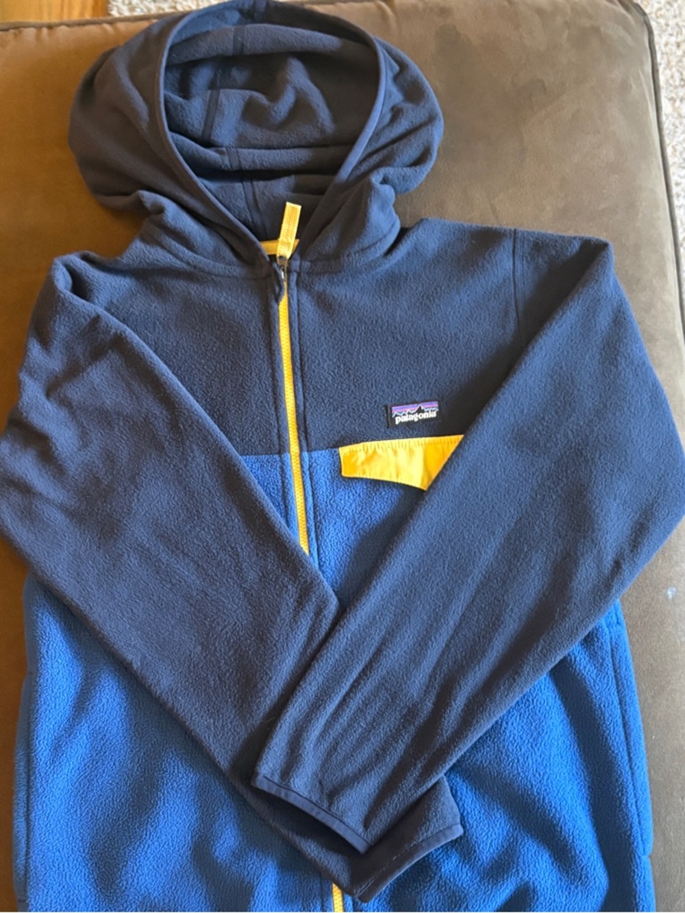 Patagonia Kids Medium size 10 Blue Colorblock Fleece Hoodie with Yellow Zip